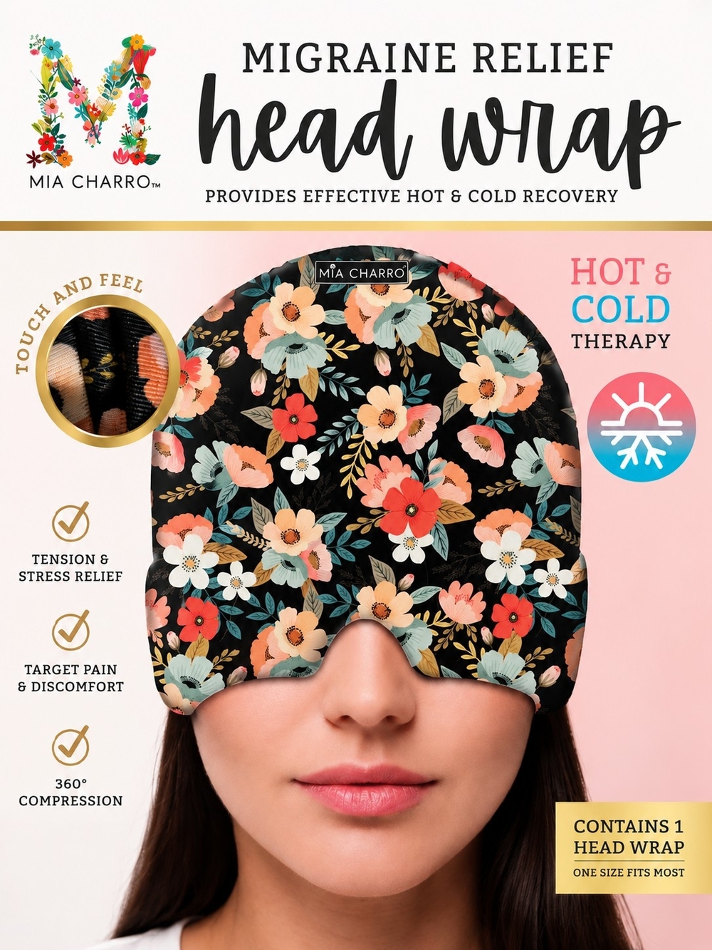 Mia Charro Floral Black Migraine Relief Head Wrap - Hot & Cold Therapy